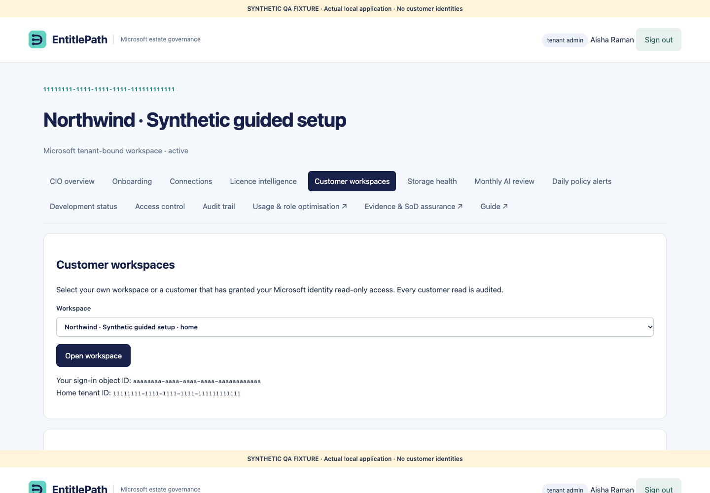 Customer workspace selector and read-only access grants using synthetic local test data